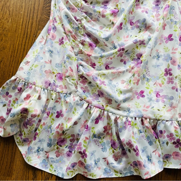 MAJORELLE Melville Watercolor Satin Floral Ruffle Hem Mini Dress Size L - Picture 6 of 15